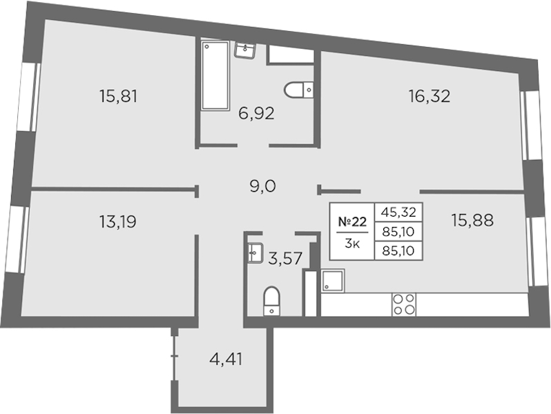 3-комнатная квартира 85.1 м², 6/7 эт., ЖК «Северная Корона»